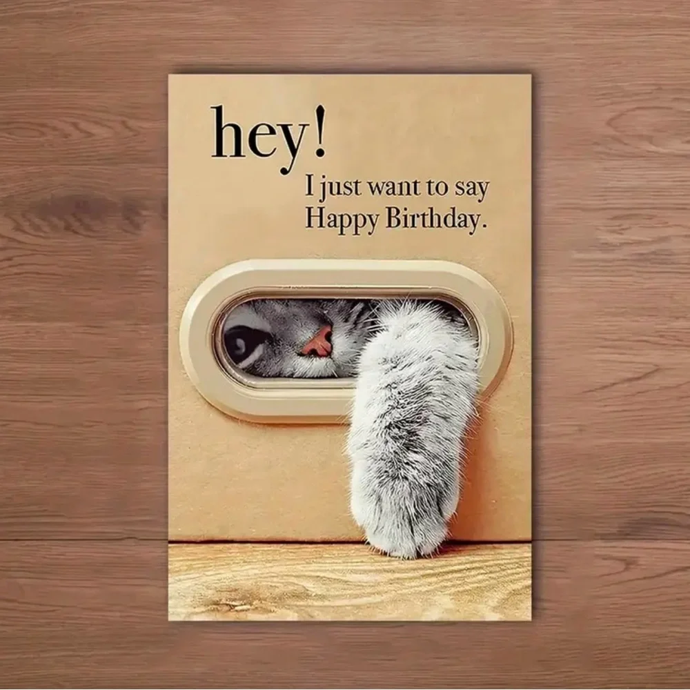Cute Cat Birthday Card - Beige and Red
